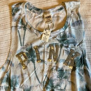 VS Pink Palm Tree Muscle Tank Top Silver Sequins